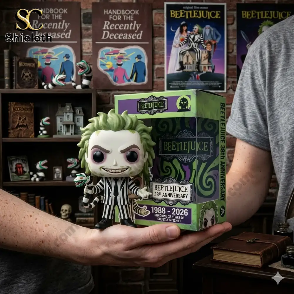 Beetlejuice style figure with striped suit displayed with anniversary box on shelf