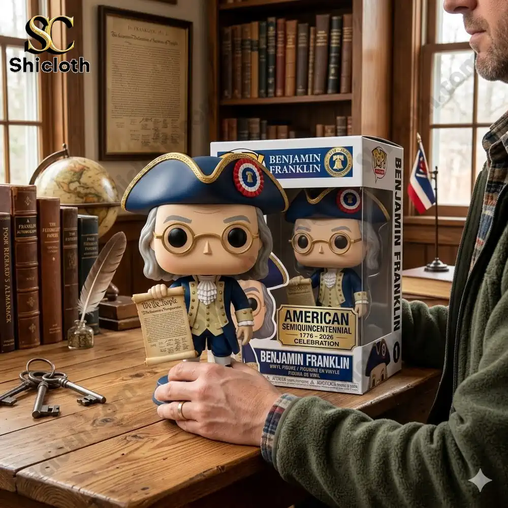 Benjamin Franklin collectible figure on wooden desk with historical decor