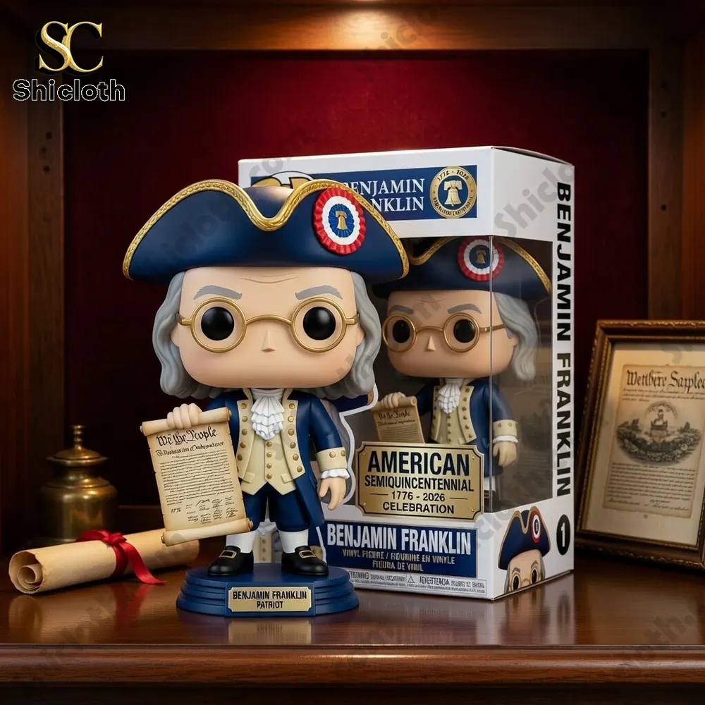 Benjamin Franklin collectible figure with display box on red background