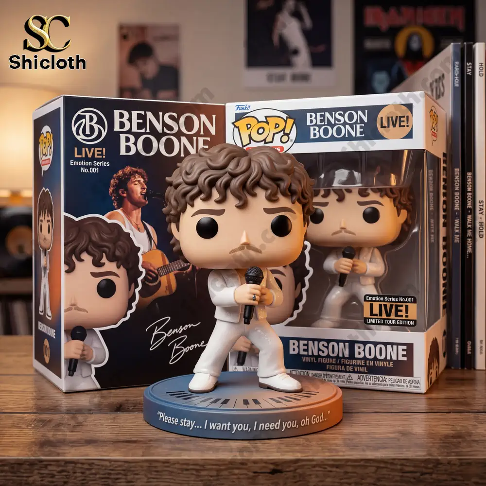 Benson Boone Limted Editon Pop! Figure (LIVE Version) 3 singer figure with product box display on table