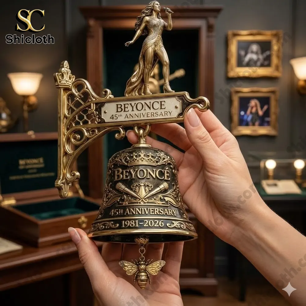 hand holding ornate beyonce singer anniversary wall bell with statue and decorative bee clapper!