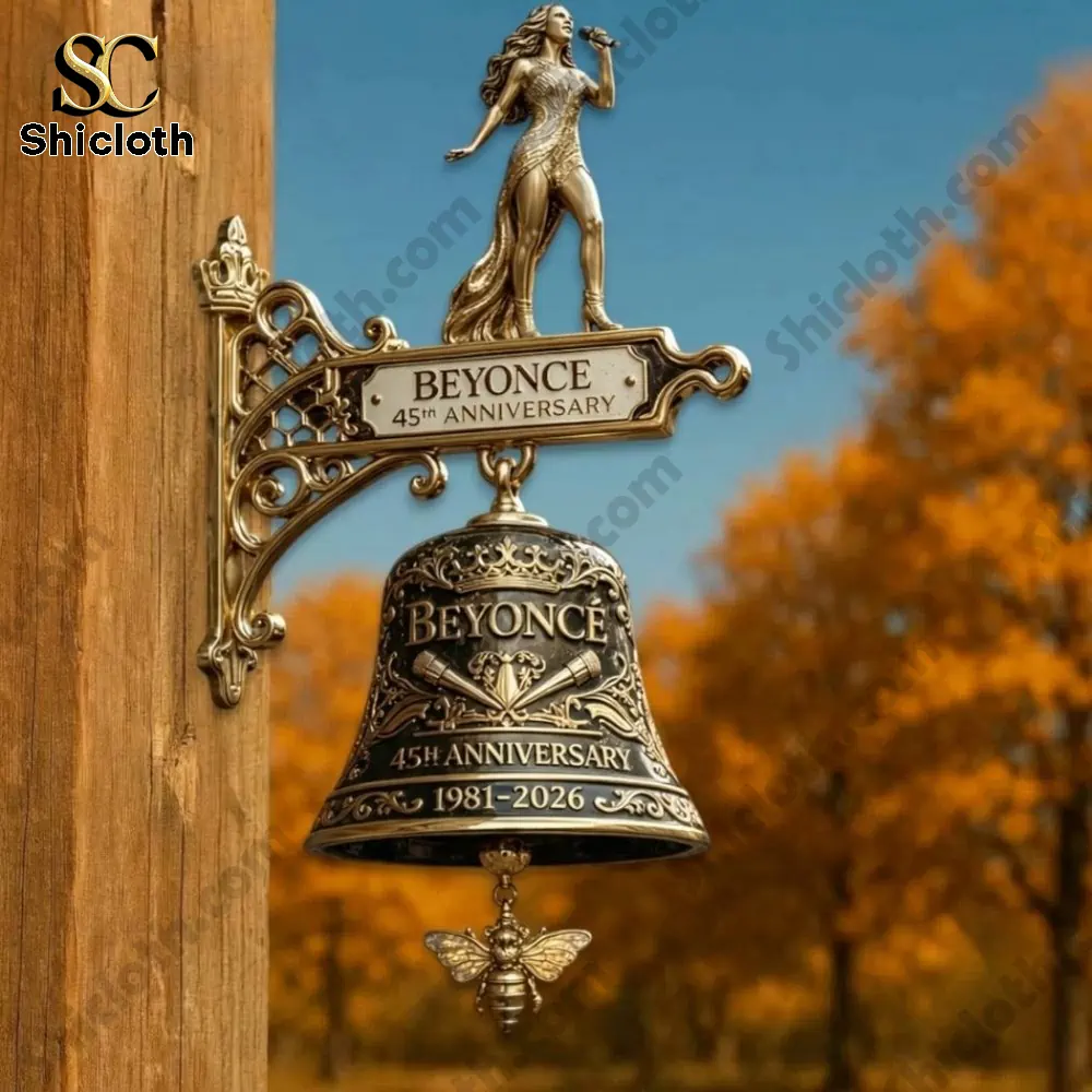 beyonce singer anniversary wall bell mounted on wooden post outdoors with autumn background!