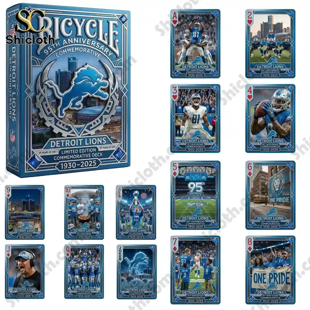Detroit Lions commemorative playing card deck with blue design and team imagery!