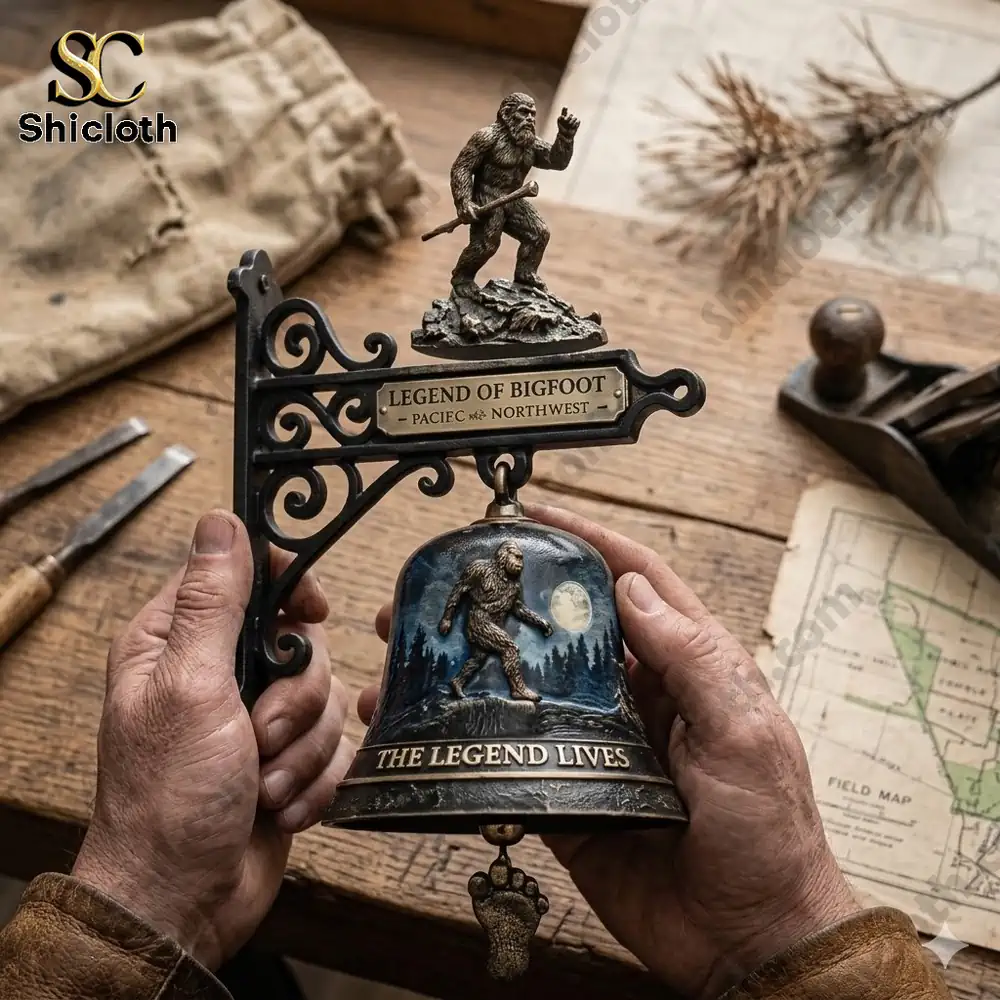 Bigfoot Pacific Northwest Collectors Wall Bell held in hands on rustic wooden workbench!
