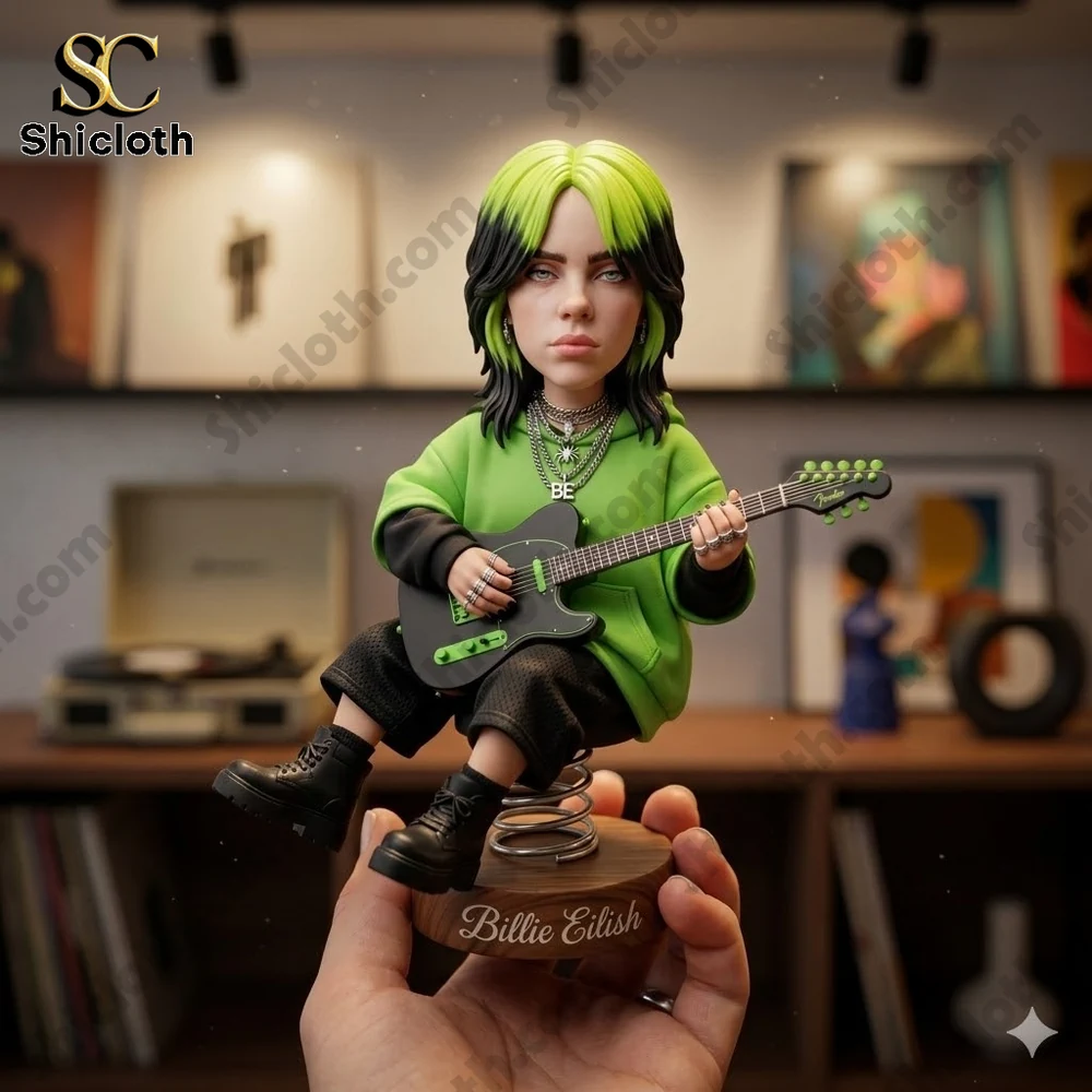 Green hair guitar bobblehead figure on spring base held in hand Shicloth shop!