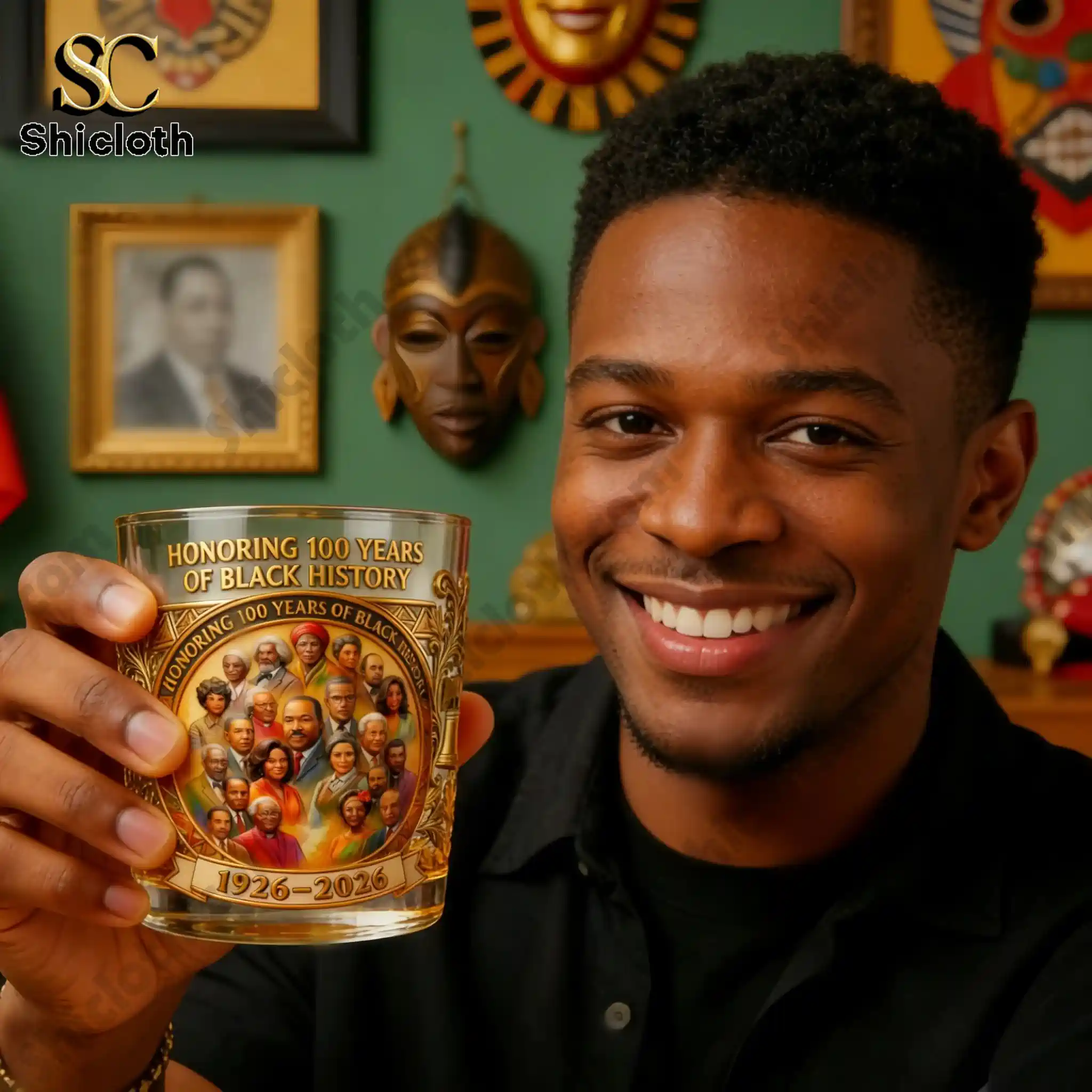 Smiling man holding Shicloth 100 Years of Black History commemorative whiskey glass.
