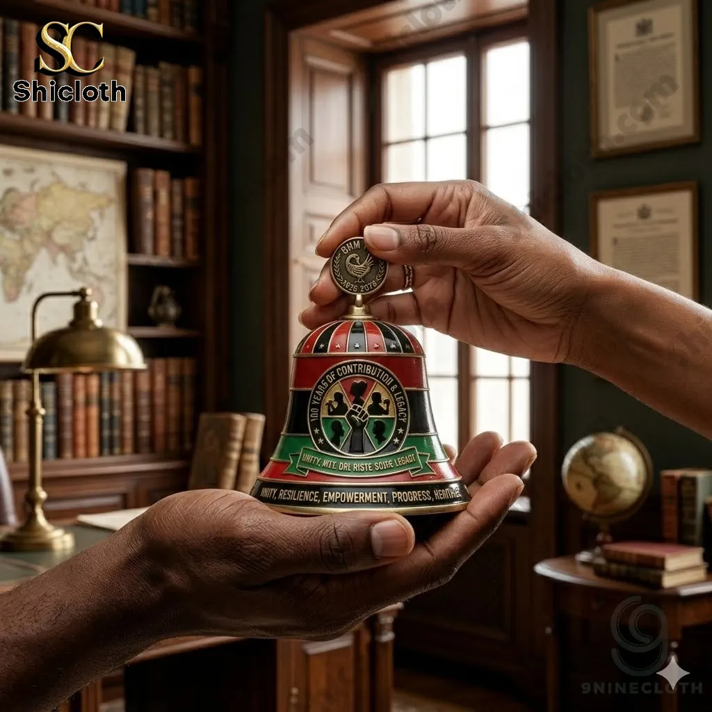 Hands holding a Black History Month 100th anniversary commemorative wall bell in a vintage study room!
