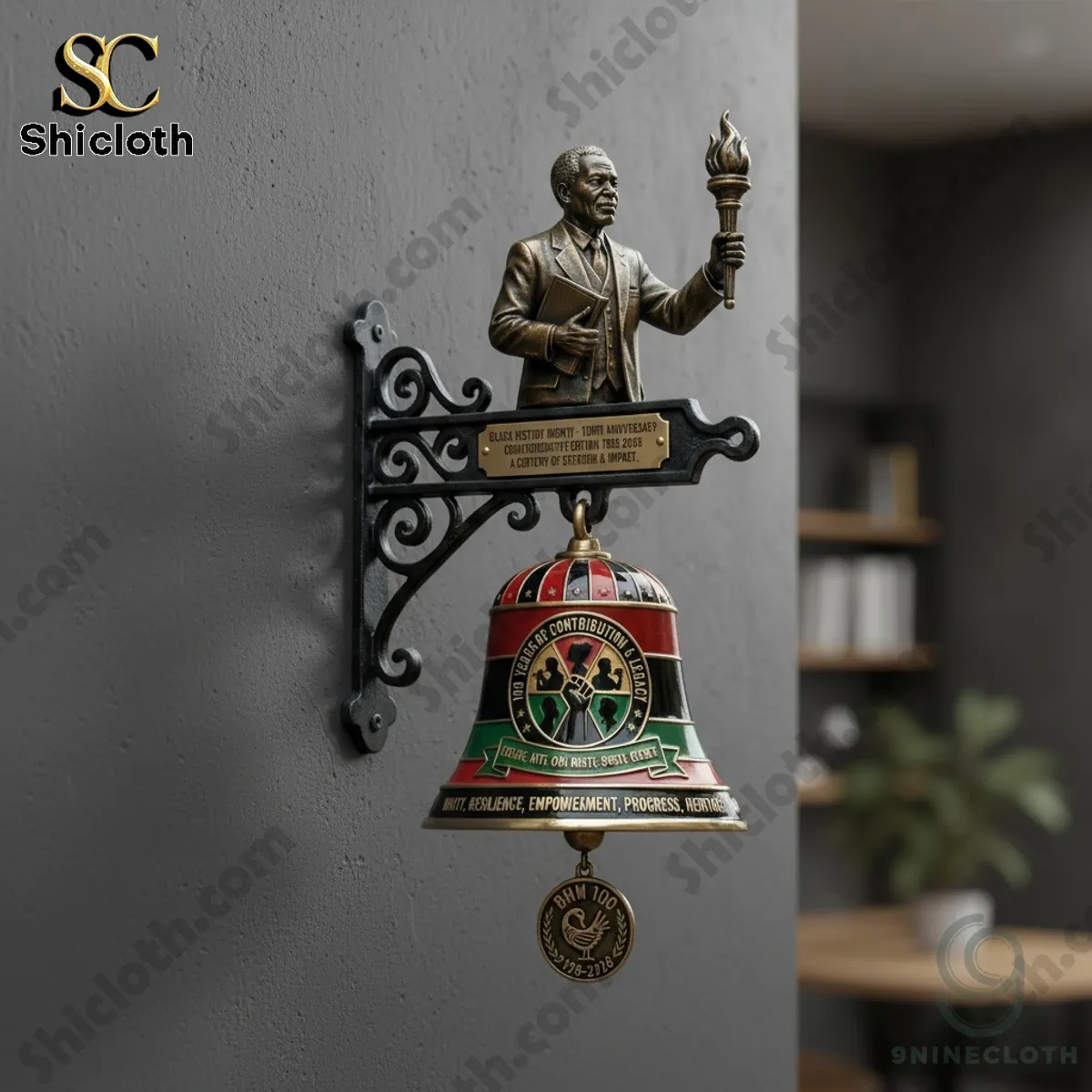 Black History Month 100th anniversary commemorative wall bell mounted on wall with statue holding a torch!