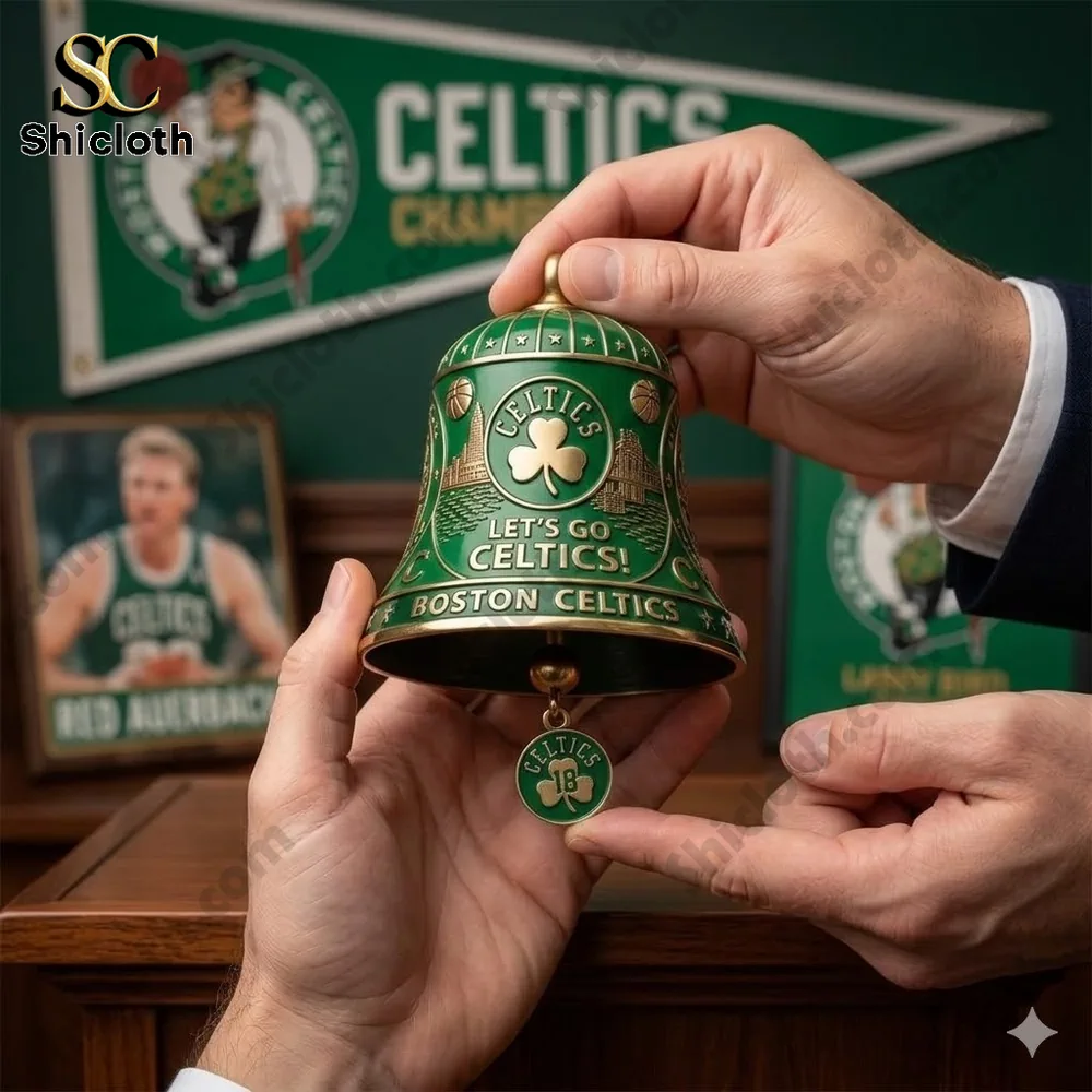 Hands holding Shicloth Boston Celtics championship legacy wall bell with green team decor background!