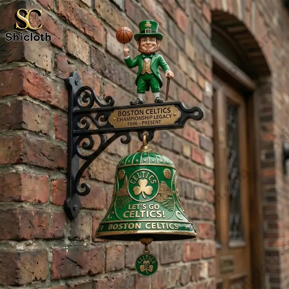 Shicloth Boston Celtics championship legacy wall bell mounted on brick wall with team mascot figure!