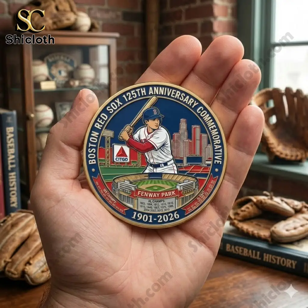 Hand holding Boston Red Sox anniversary commemorative coin with Fenway Park design!