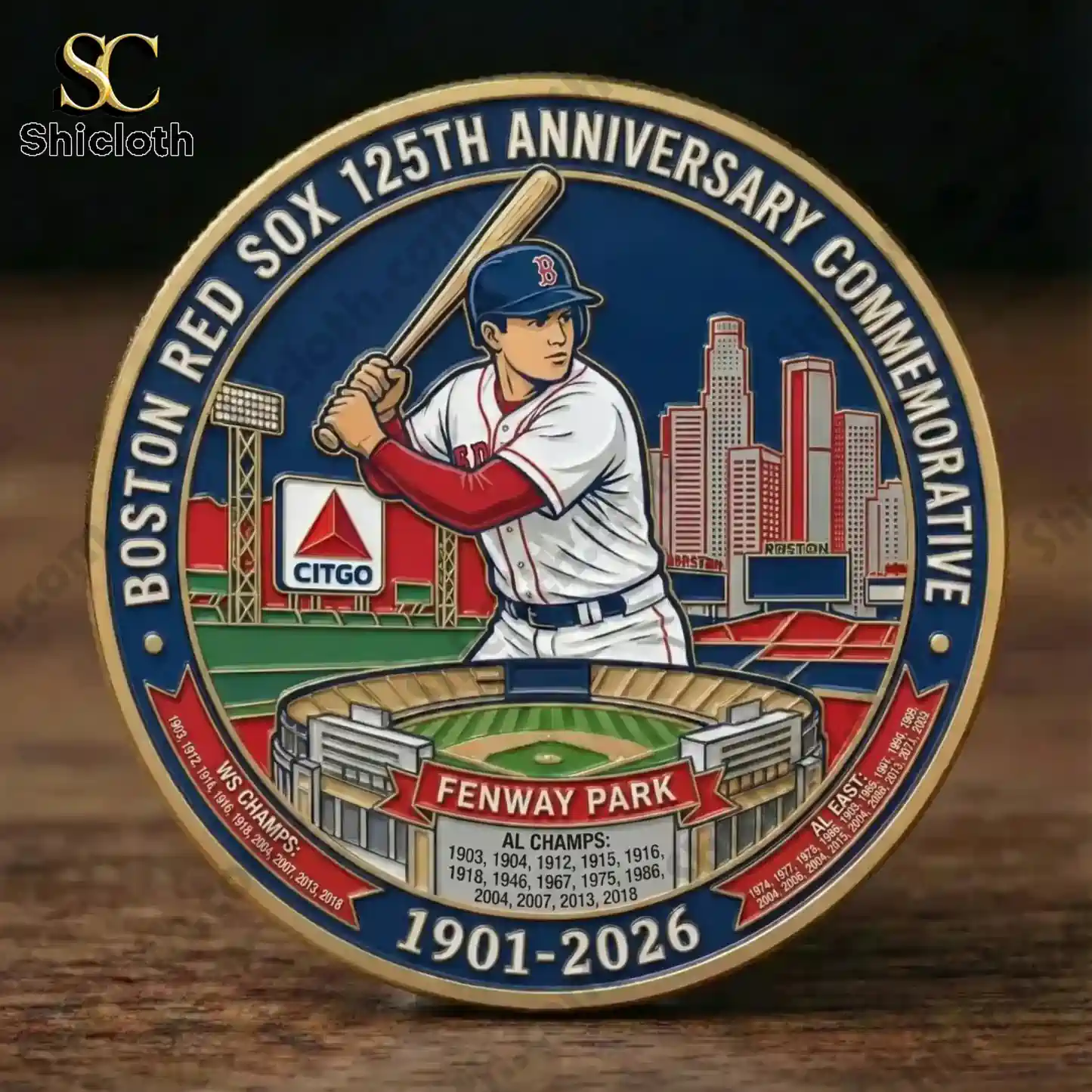 Close view Boston Red Sox anniversary commemorative coin featuring Fenway Park and baseball player design!