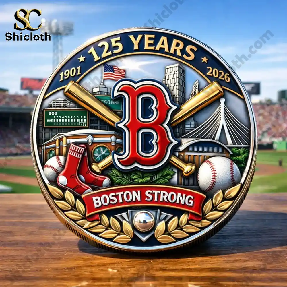 Boston Red Sox anniversary coin front design with red B logo baseball bats ball and Boston symbols!