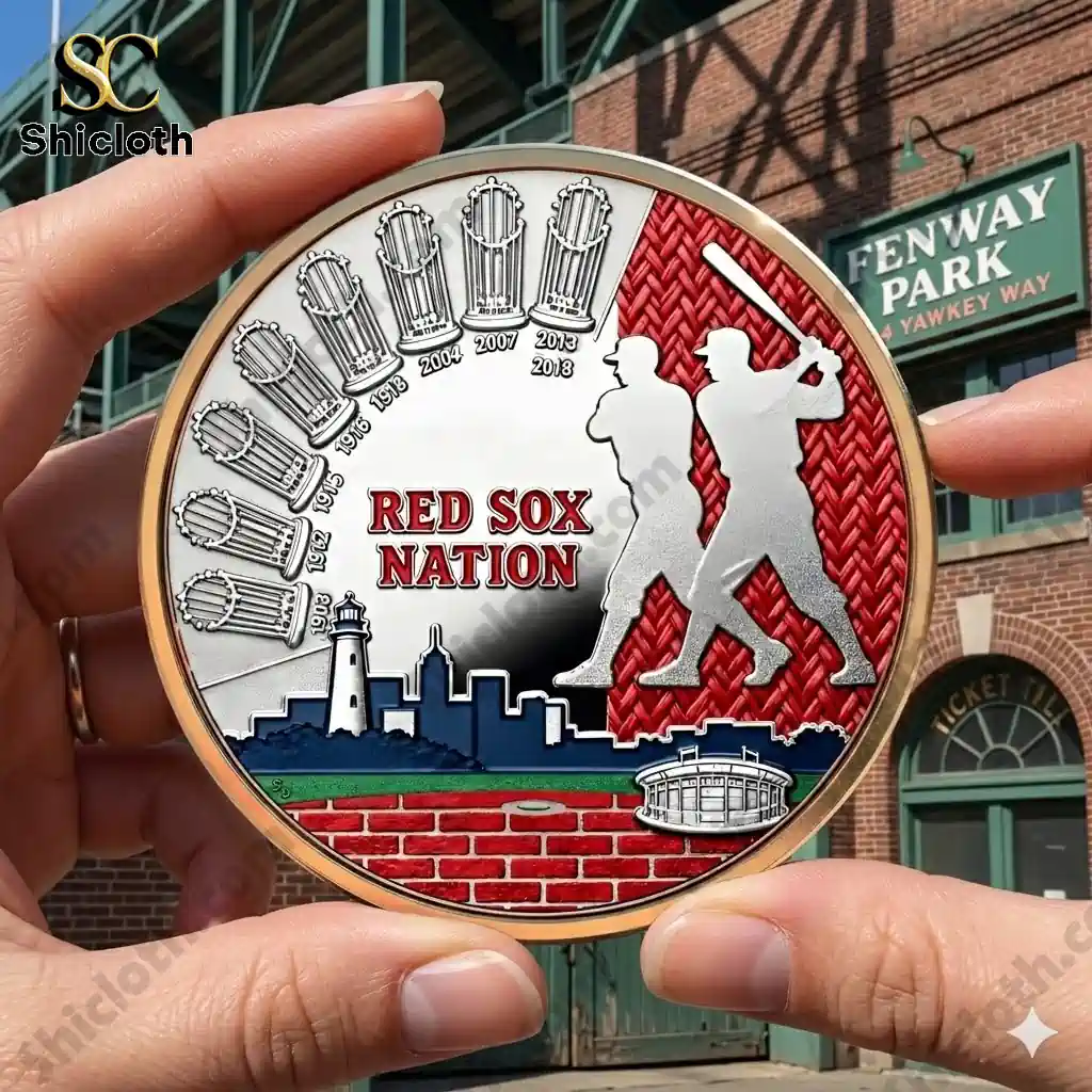 Boston Red Sox commemorative coin held in hands in front of Fenway Park entrance!