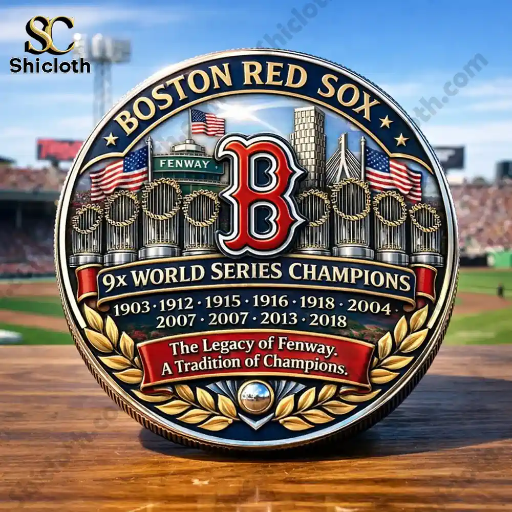 Boston Red Sox championship legacy coin design with trophies Fenway sign and team emblem!