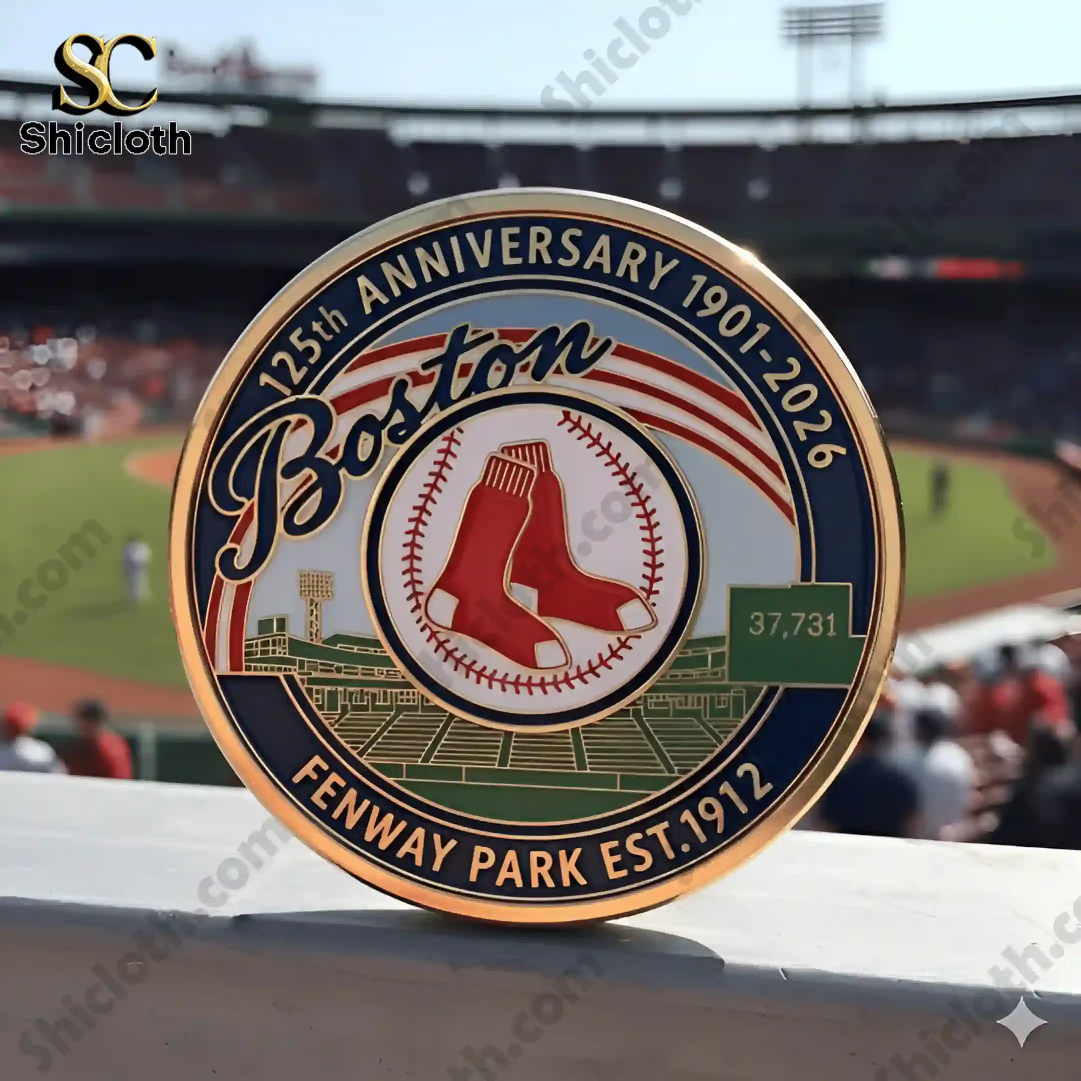 Boston Red Sox anniversary coin displayed inside Fenway Park stadium!