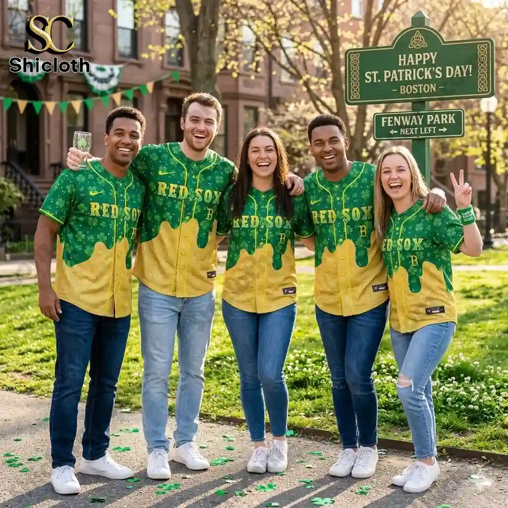 Group of friends wearing Boston Red Sox Saint Patricks Day green and gold jerseys in Boston