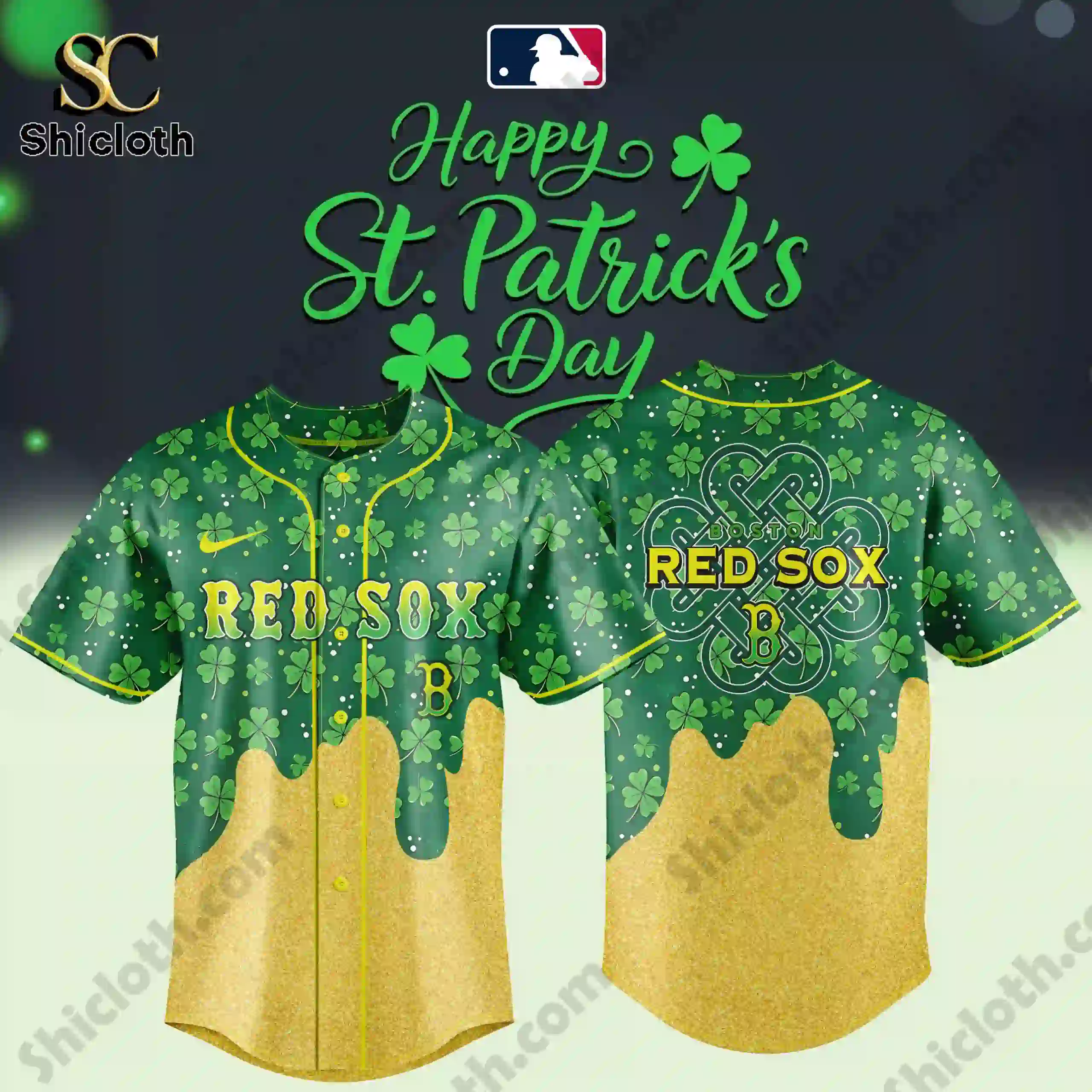 Boston Red Sox Saint Patricks Day green and gold jersey with shamrock pattern