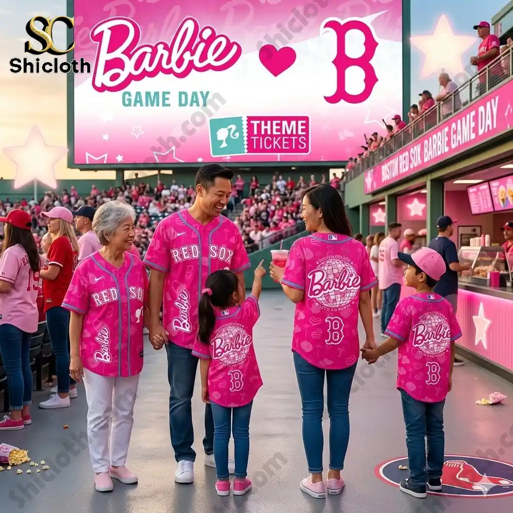 Family wearing pink Boston Red Sox Barbie jersey at baseball stadium on theme game day!