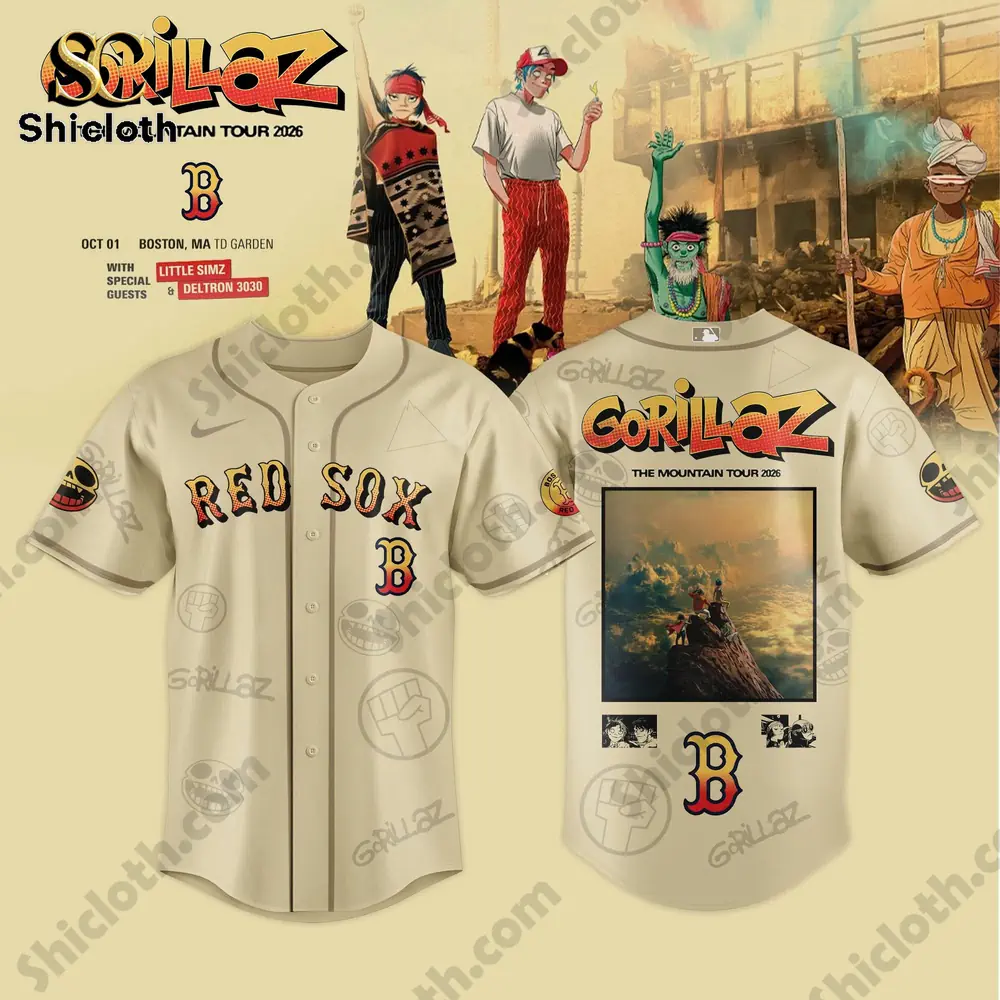 Shicloth Boston Red Sox Gorillaz mountain tour jersey front and back design!