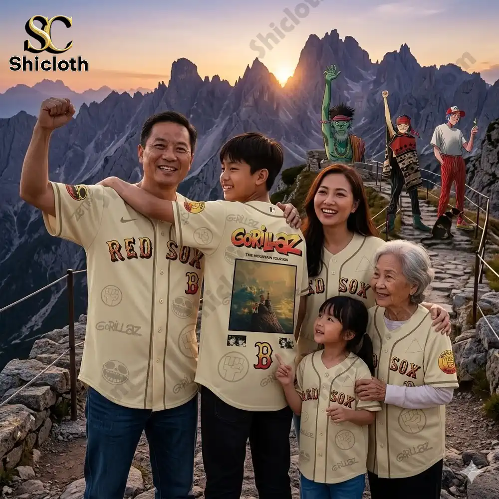 Family wearing Shicloth Boston Red Sox Gorillaz mountain tour jerseys on a mountain trail!