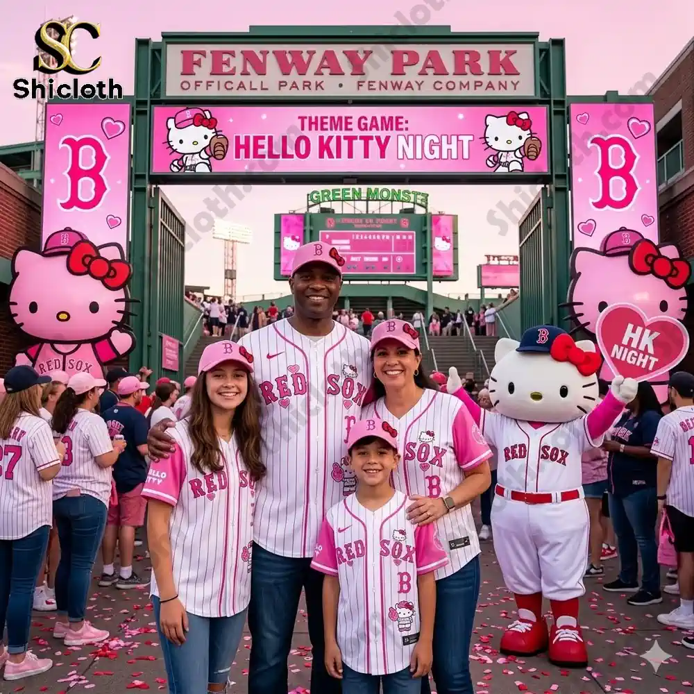 Family wearing Boston Red Sox Hello Kitty Night jersey at Fenway Park event with mascot and pink decorations!