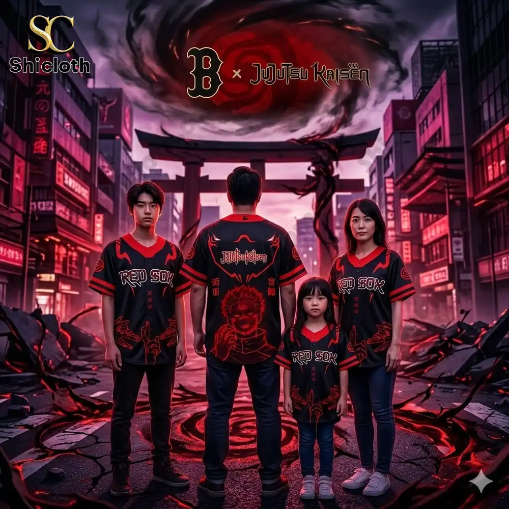 Family wearing Red Sox Jujutsu Kaisen baseball jersey by Shicloth in dark anime city scene!