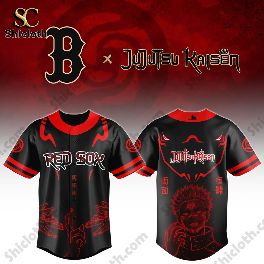 Front and back design of Red Sox Jujutsu Kaisen baseball jersey by Shicloth!
