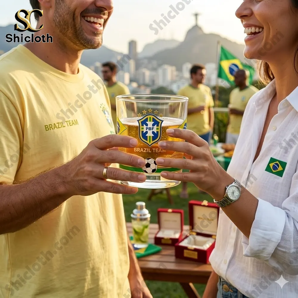 Couple holding Brazil team whiskey glass while celebrating football spirit outdoors!