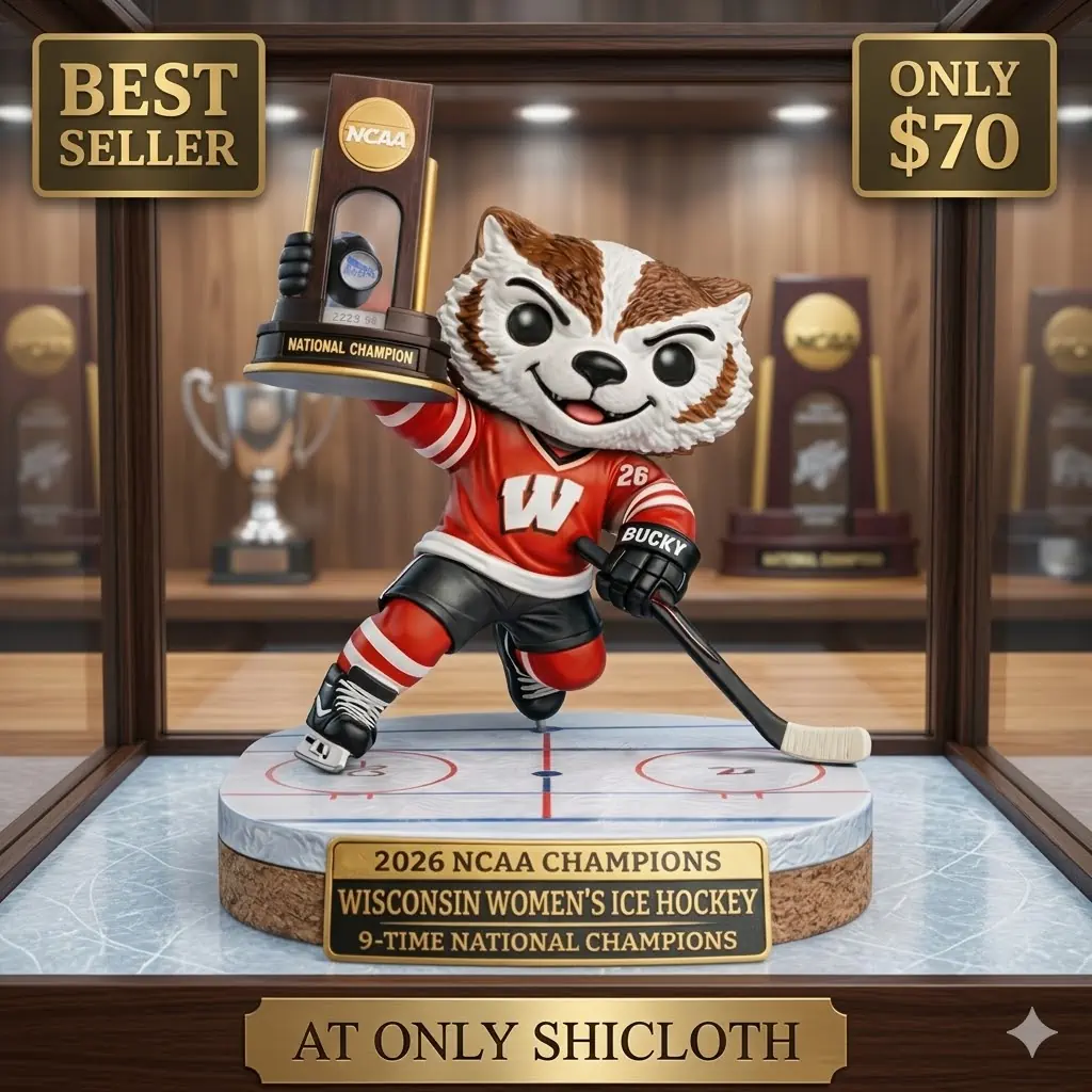 Wisconsin hockey mascot figure with trophy displayed in showcase with sale sign!