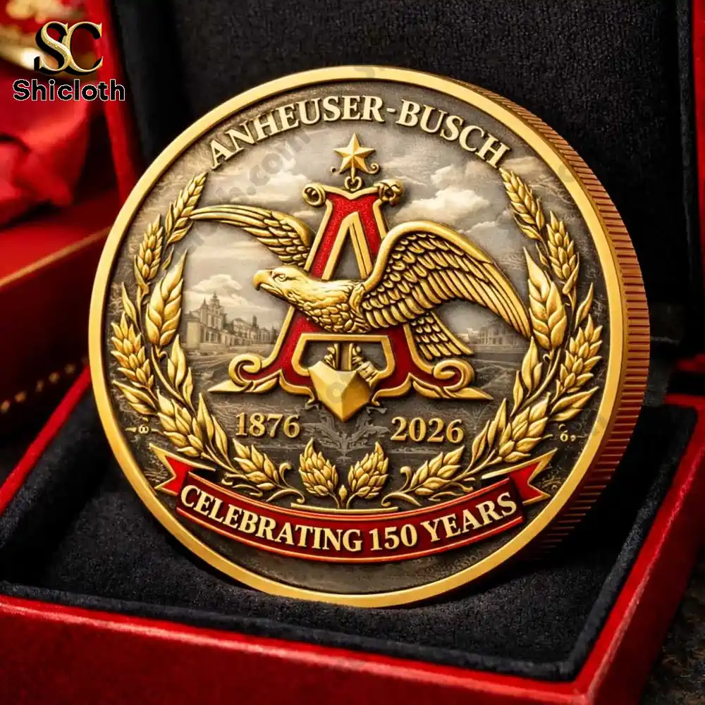 Budweiser commemorative coin back design with eagle and classic brewery crest in gold relief!