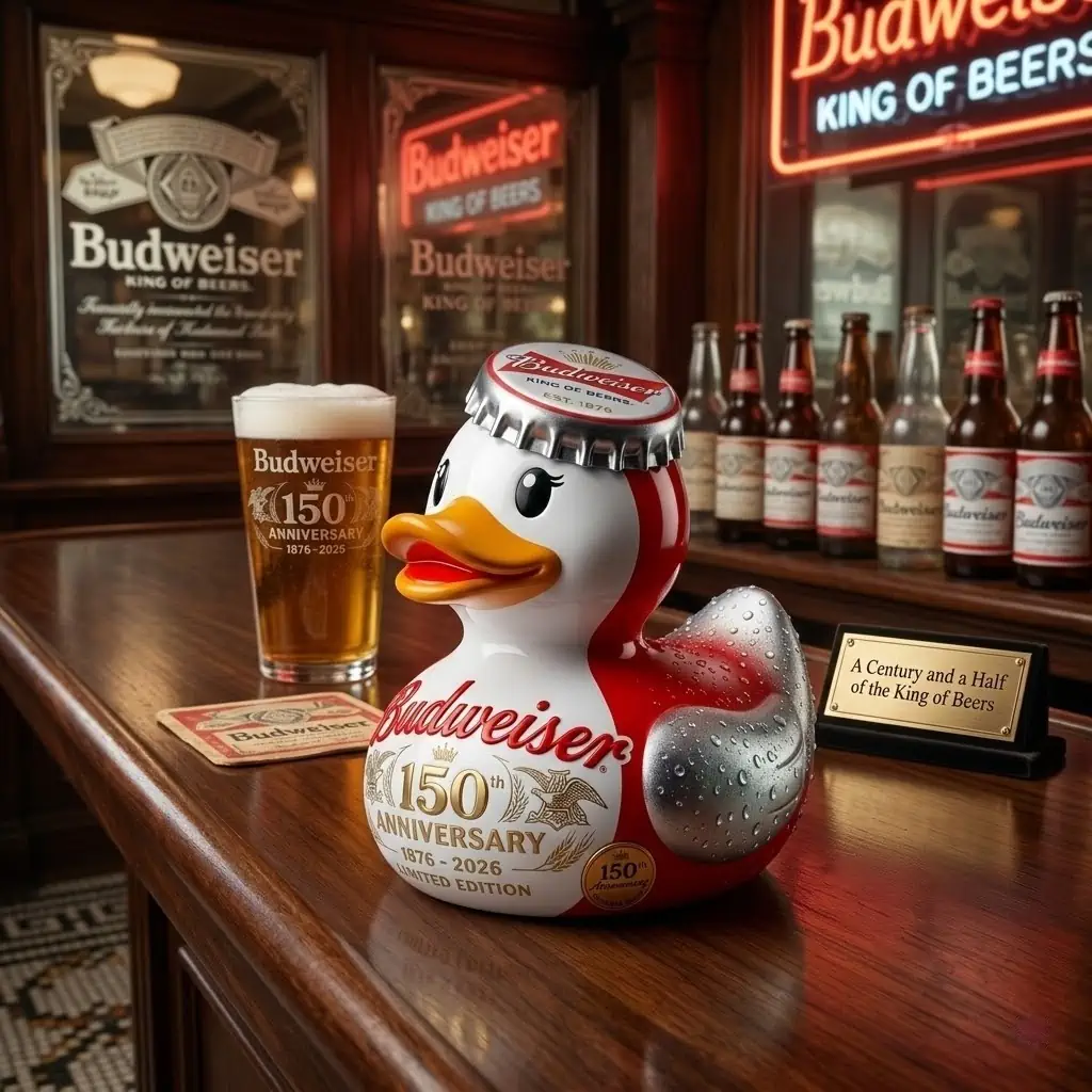Budweiser 150th anniversary duck collector figure displayed on bar counter with beer glass!