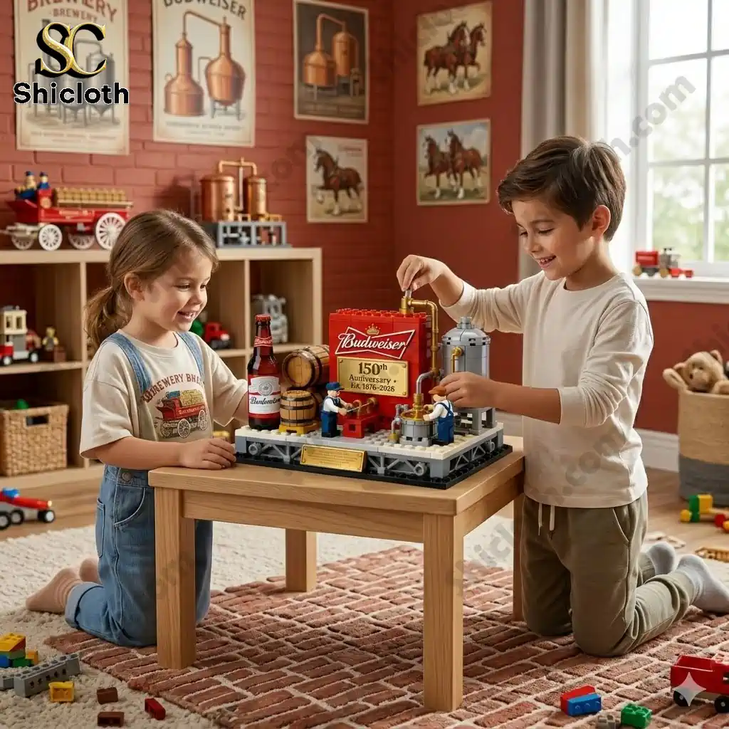 Two children playing with Budweiser 150th Anniversary building brick set on a small table