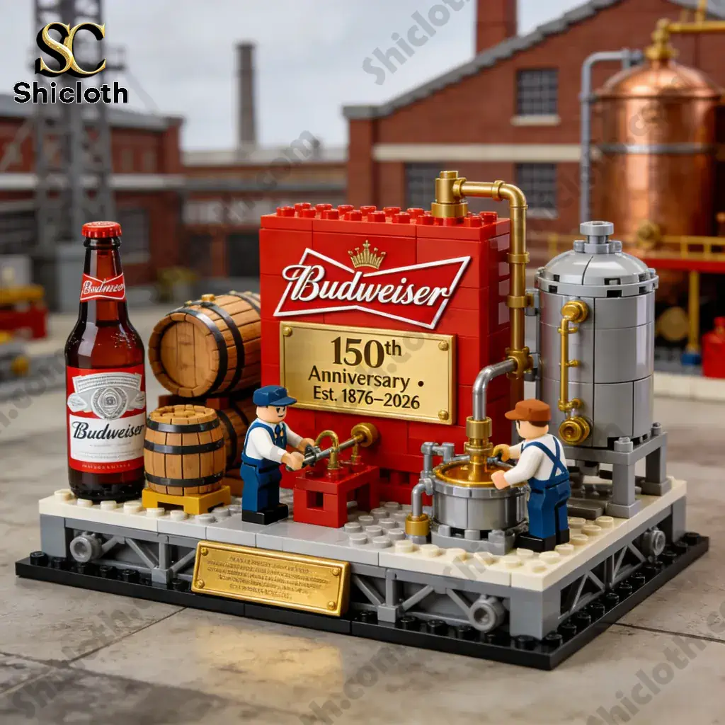 Close up of Budweiser 150th Anniversary building brick set with brewery details