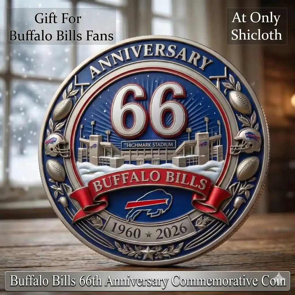 Buffalo Bills sixty six anniversary commemorative coin with Highmark Stadium design on wooden table!