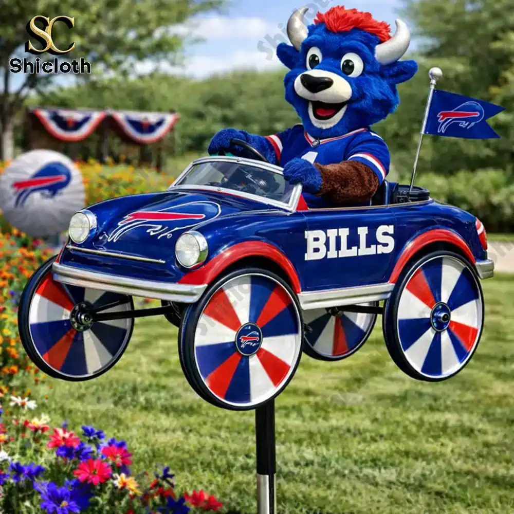 Buffalo Bills mascot wind spinner in garden with colorful wheels!