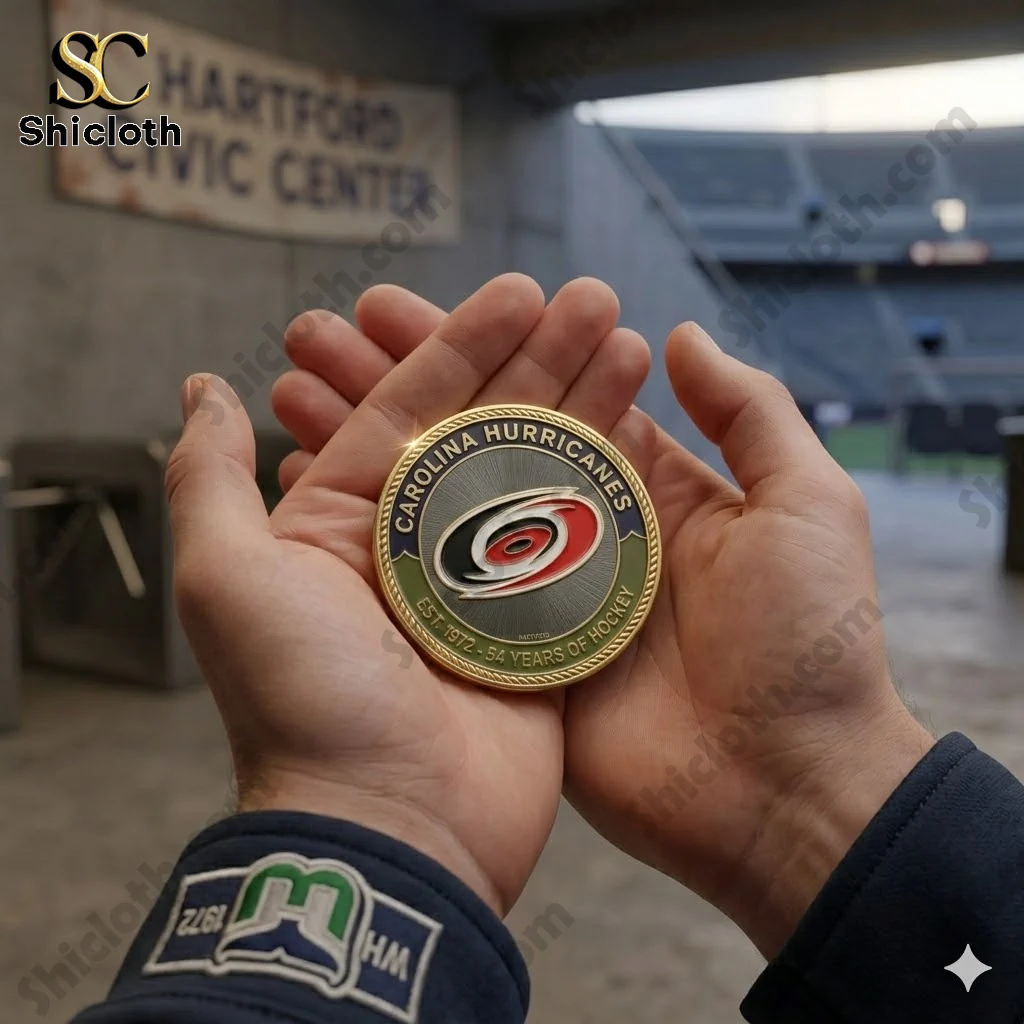 Carolina Hurricanes commemorative coin held in hands at stadium entrance