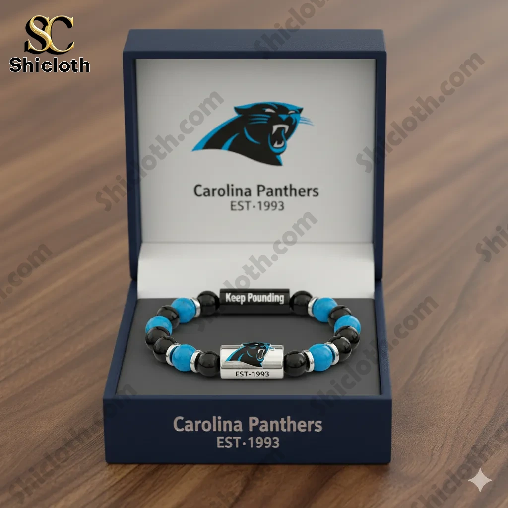 Carolina Panthers lucky bracelet displayed inside a premium gift box!
