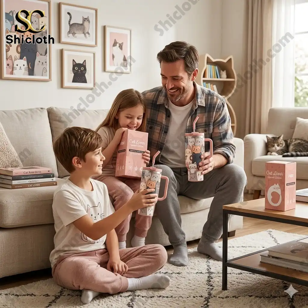 Father and children holding Cat Lover Special Edition Juggy water bottles in a cozy living room!