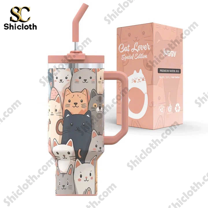 Close up of Cat Lover Special Edition Juggy seventy four ounce water jug with cat illustrations and pink box!