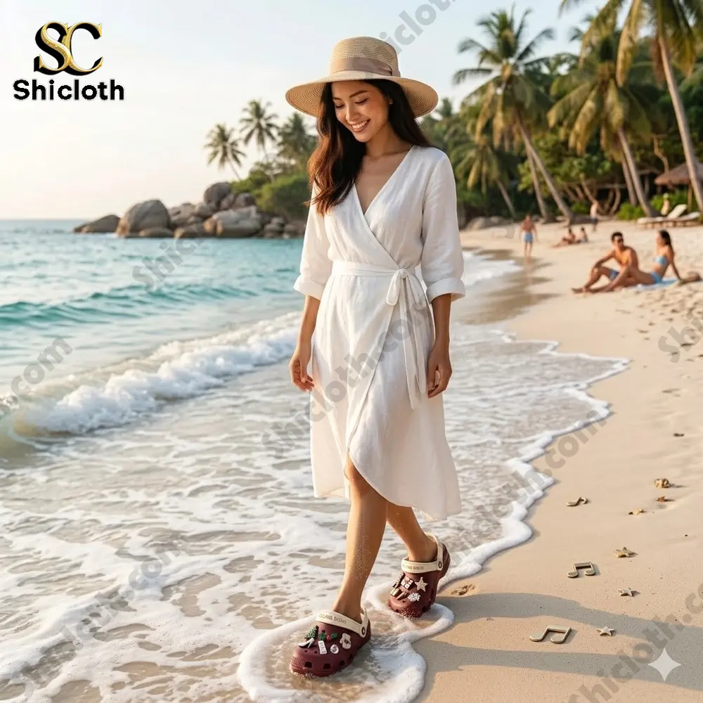 Woman walking on beach wearing decorated crocs shoes!
