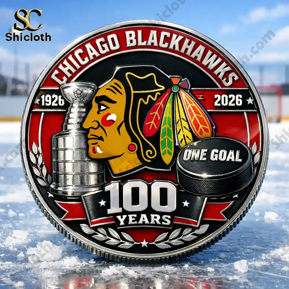 Chicago Blackhawks centennial commemorative coin with team logo and hockey puck on ice !