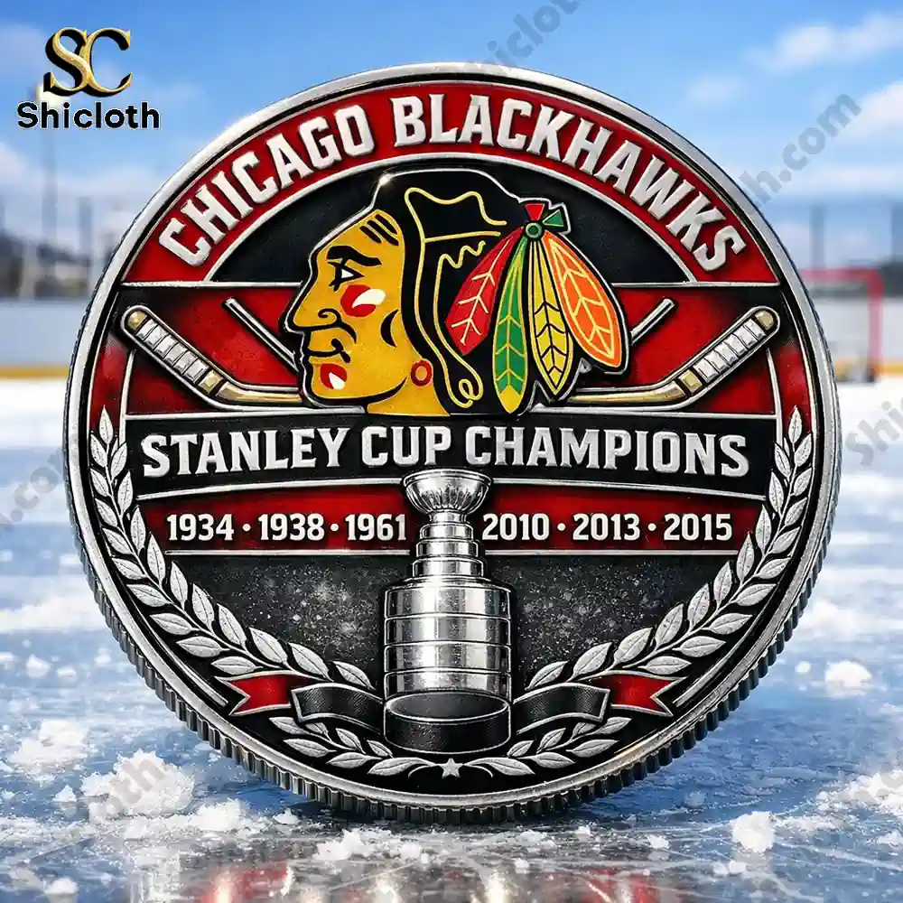 Chicago Blackhawks champions commemorative coin with Stanley Cup and hockey sticks !