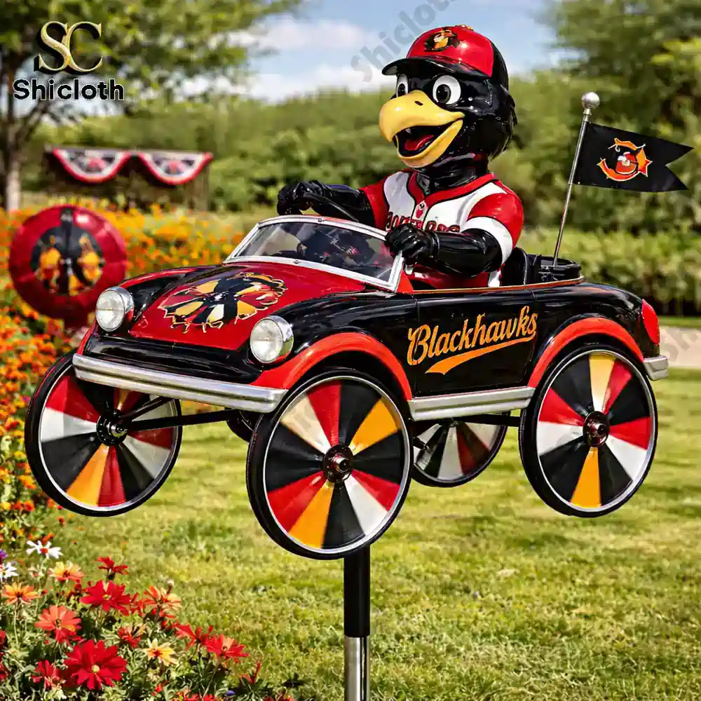 Chicago Blackhawks bird mascot driving decorative garden wind spinner car