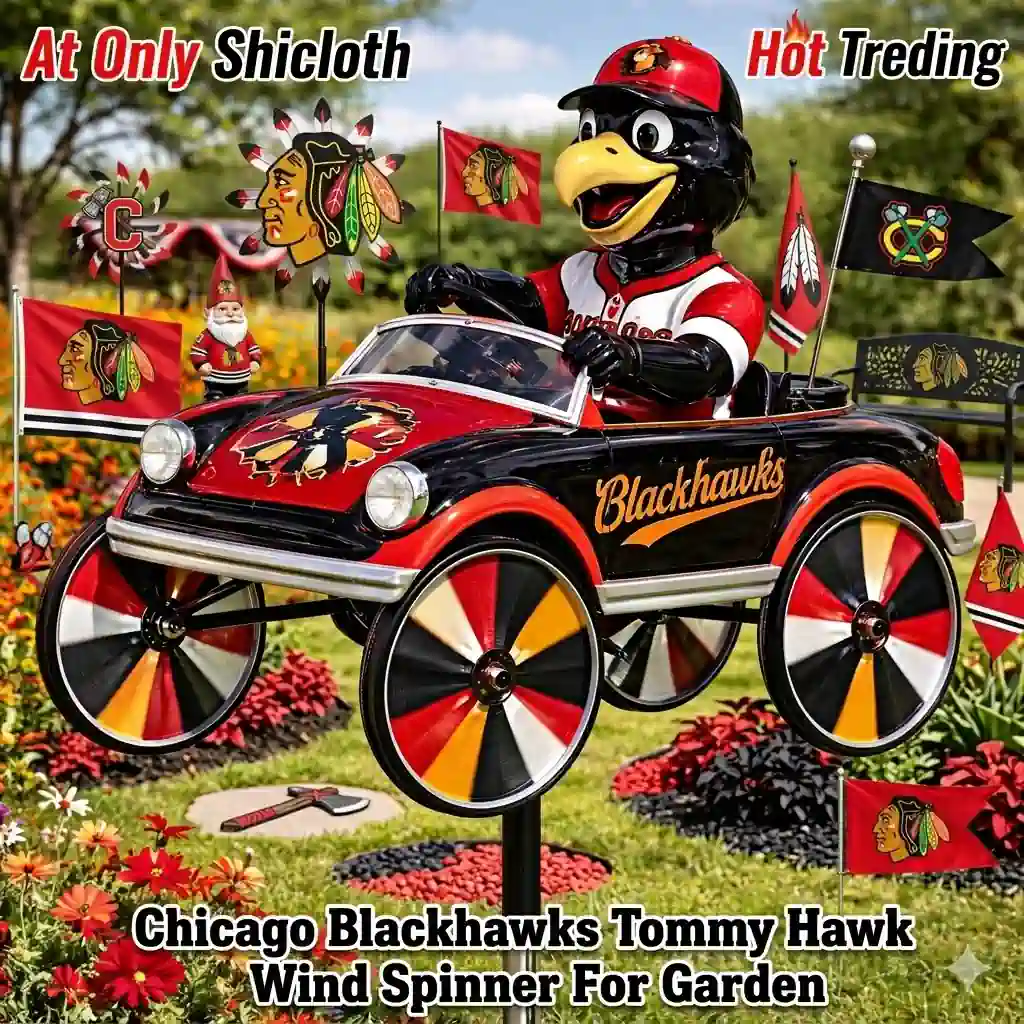 Chicago Blackhawks mascot wind spinner car with flags in garden display