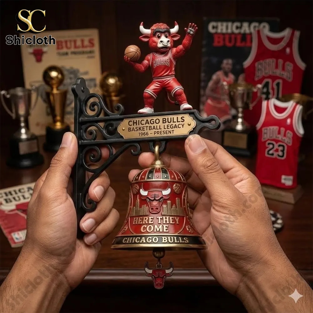 Chicago Bulls wall bell with mascot figure held in hands with basketball trophies in background from Shicloth!