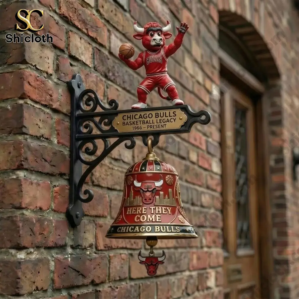 Chicago Bulls wall bell decor mounted on a brick wall outside a home from Shicloth!