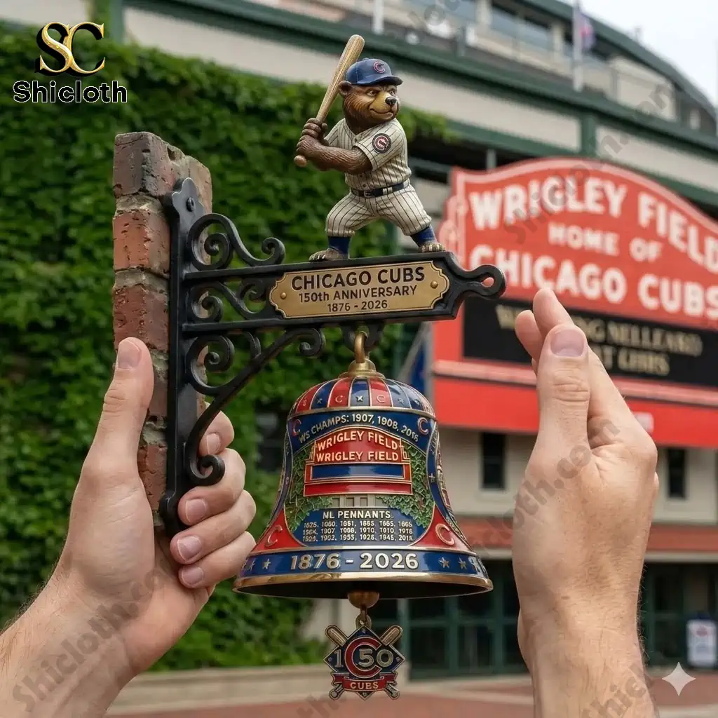 Chicago Cubs one hundred fifty anniversary wall bell held in front of Wrigley Field sign