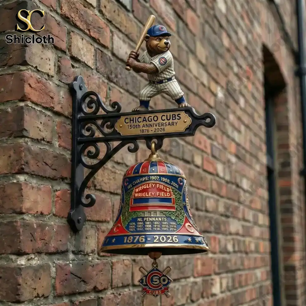Chicago Cubs one hundred fifty anniversary wall bell mounted on brick wall