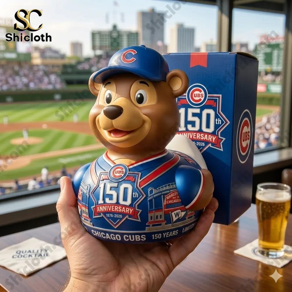 Chicago Cubs anniversary collectible duck held in hand at baseball stadium view!